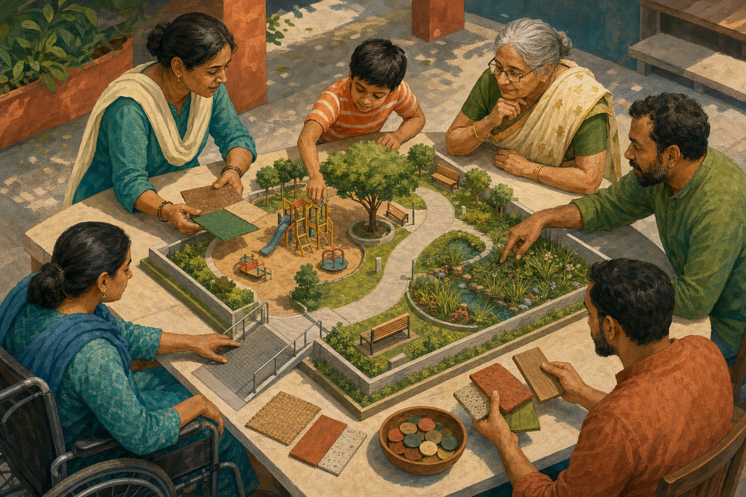 Residents examine a wordless model of an accessible neighborhood park, considering play space, shade, water flow, materials, and access.