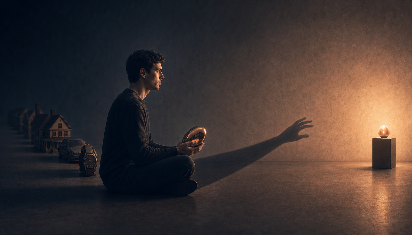 A person holding a polished object casts a hand-shaped shadow that reaches toward another object while earlier possessions fade in the background.
