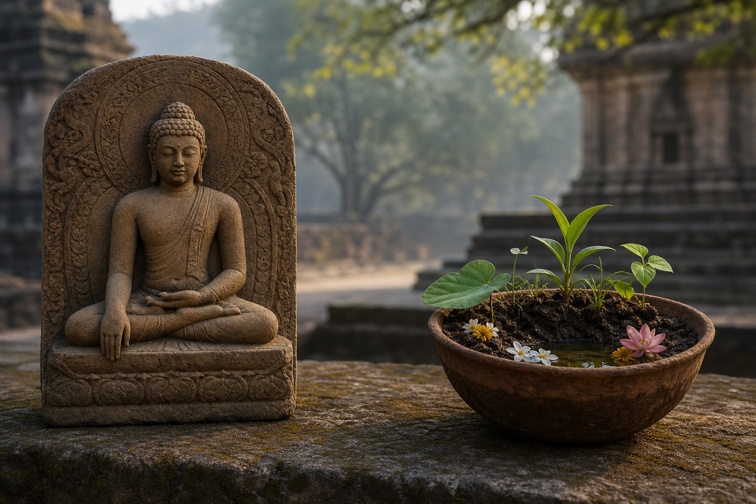 Buddhist votive relief of the Earth-touching Buddha beside a separate earthen vessel containing soil, water, flowers, and green shoots.