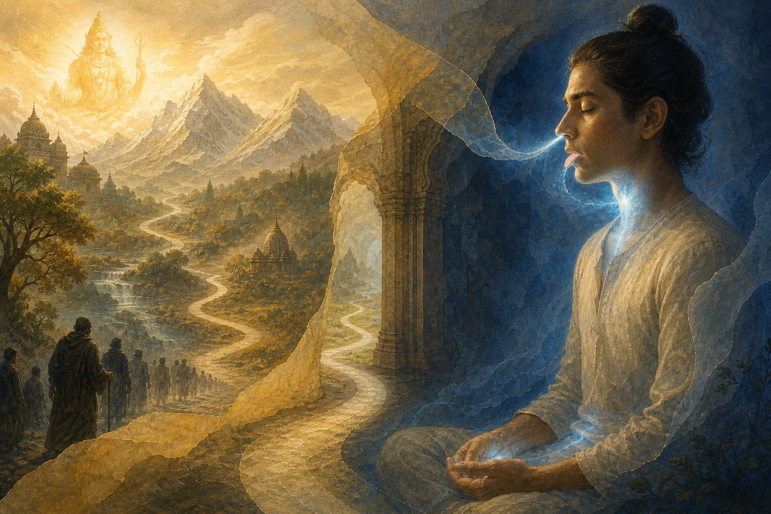 One winding path moves from a broad mythic landscape into a close view of a seated practitioner observing breath, throat, and hands.