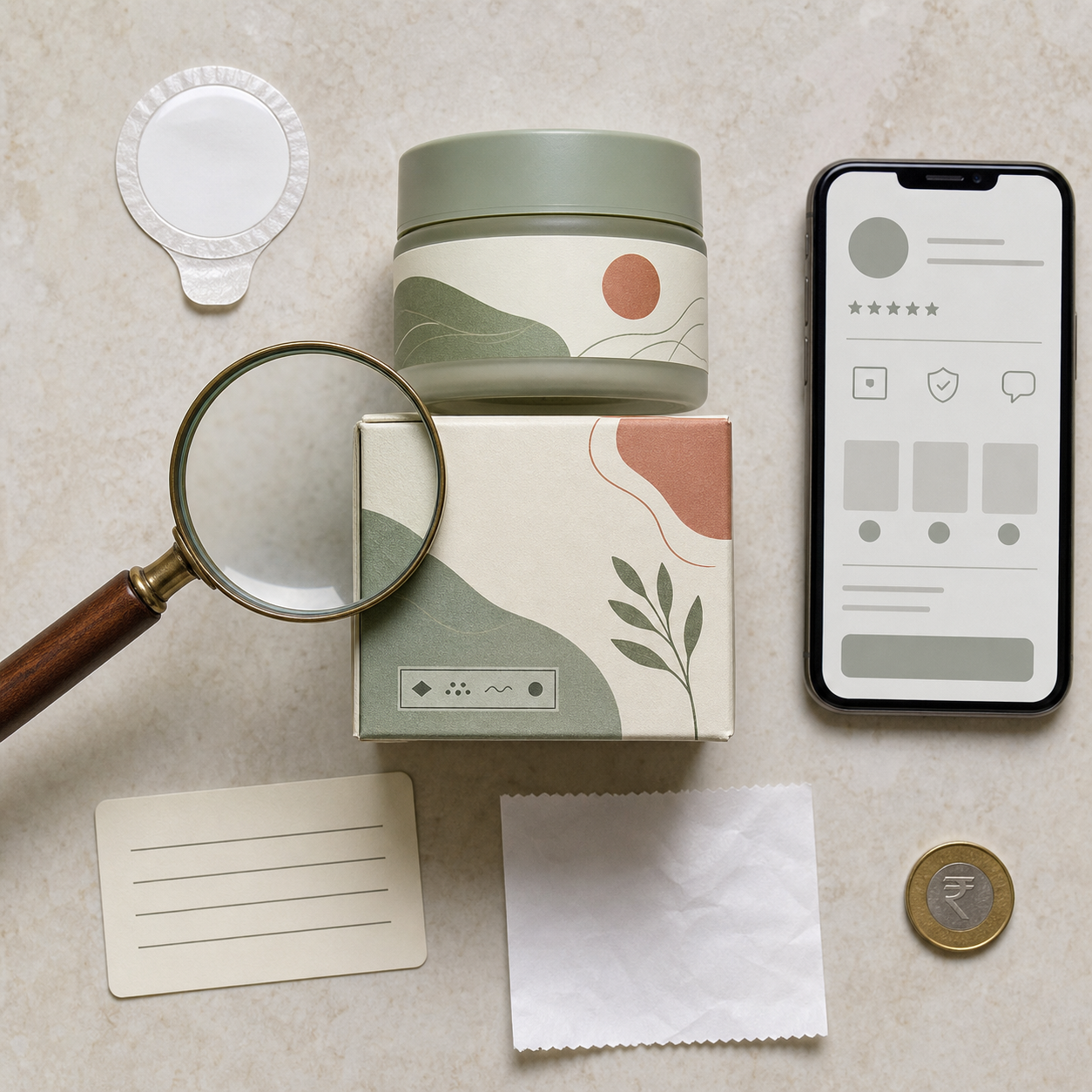 An unbranded cosmetic package is arranged with a magnifying glass, tamper seal, blank importer card, smartphone and receipt for inspection.