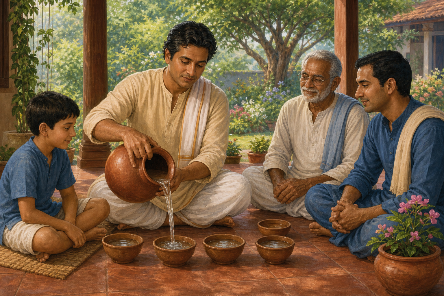 A householder on a veranda shares water from a clay vessel with a child, an elder, a guest, and a flowering plant while keeping a small bowl nearby.