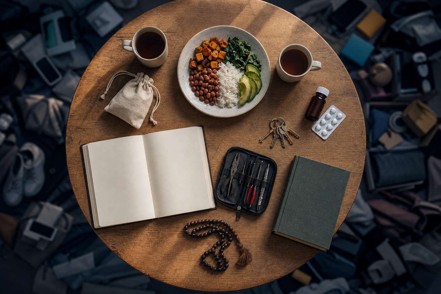 A round table holds a meal, blank ledger, money pouch, medicine, keys, repair tools, a book, prayer beads, and two cups, surrounded by blurred consumer goods.