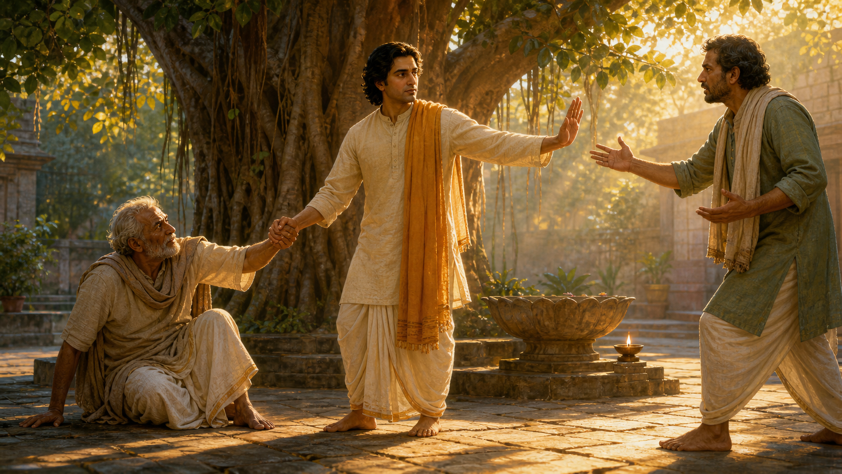 A calm person in a banyan-shaded courtyard helps an older adult while holding a firm boundary toward an agitated figure.