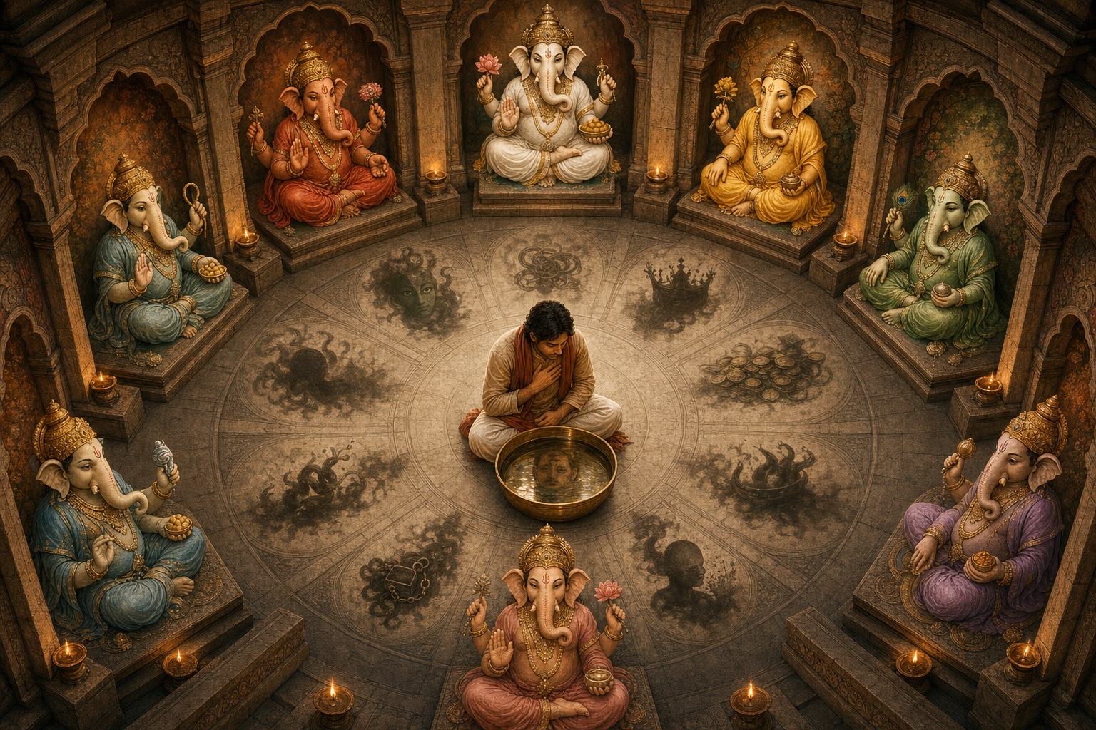 A reflective practitioner sits in a circular pavilion surrounded by eight calm elephant-headed sacred figures and fading shadow motifs.