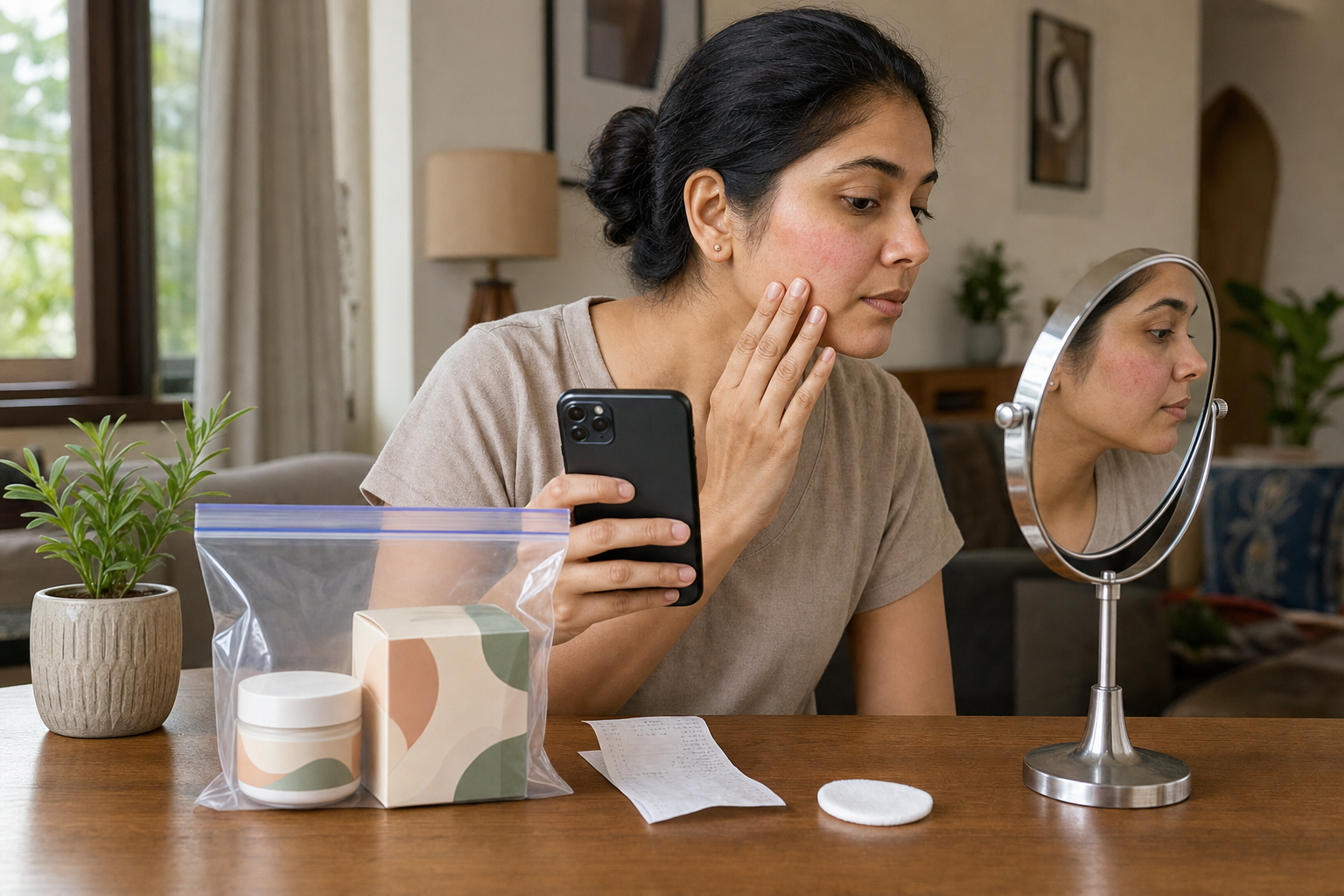 A consumer photographs a closed cosmetic sealed in a clear pouch while checking mild facial redness in a mirror.