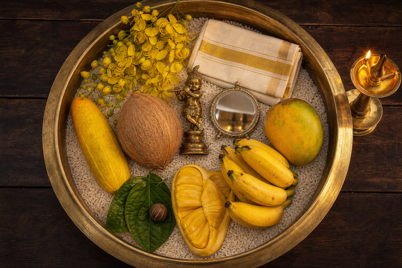 Overhead view of rice, kani konna flowers, fruits, coconut, betel leaves, kasavu cloth, Krishna figure, mirror, and lamp arranged as Vishukkani symbols.