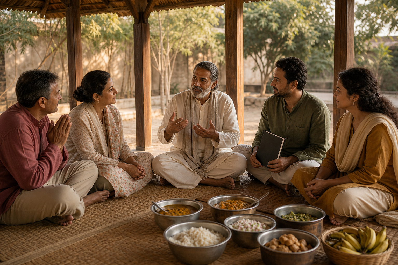 A teacher and four adult students sit in a discussion circle beside bowls prepared for community service.