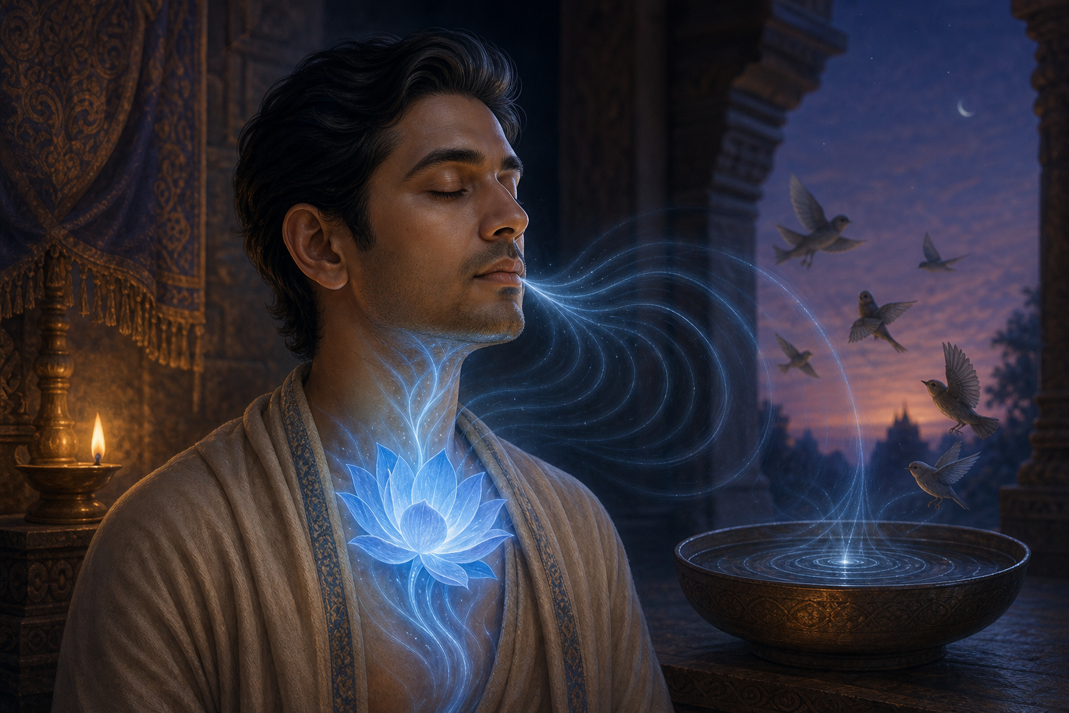 A meditating practitioner has a glowing blue lotus at the throat as breath-like currents become gentle ripples in the air.
