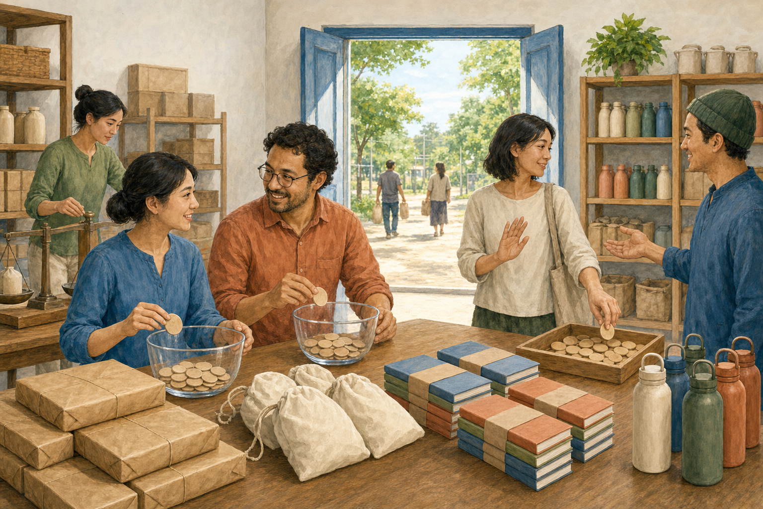 Volunteers count plain service parcels with clay tokens while one resident chooses a task and another declines without pressure.