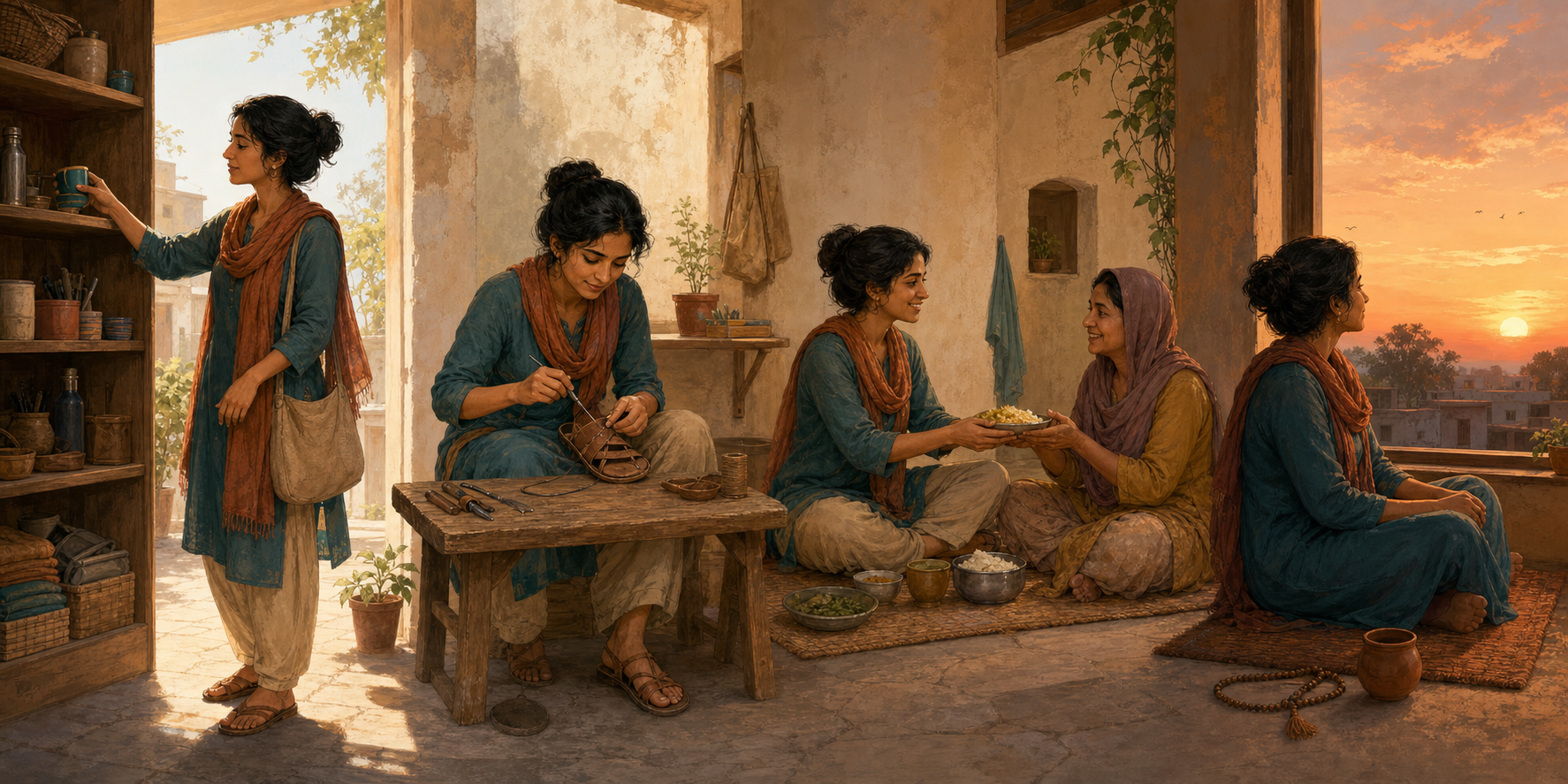 Four connected scenes show a person declining a purchase, repairing a sandal, sharing food with a neighbor, and sitting quietly by a window.