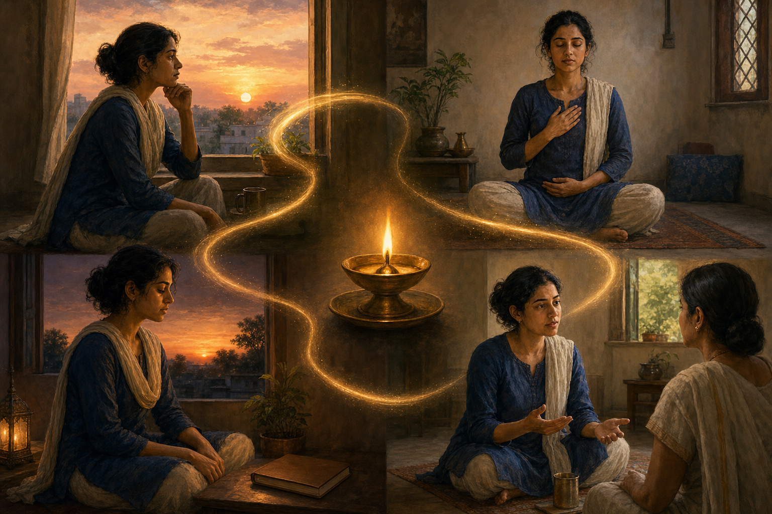 Four connected scenes around an oil lamp show one practitioner noticing emotion, breathing in silence, speaking calmly, and reflecting at dusk.
