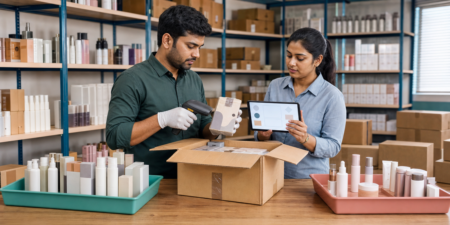 Two retail workers inspect sealed cosmetic packages with a scanner and tablet in an organized stockroom.
