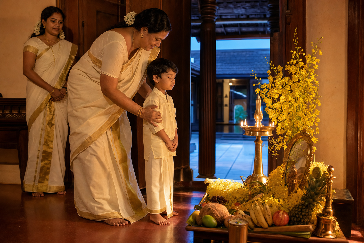 An older woman guides a child with closed eyes toward the illuminated Vishukkani at dawn in a Kerala home.