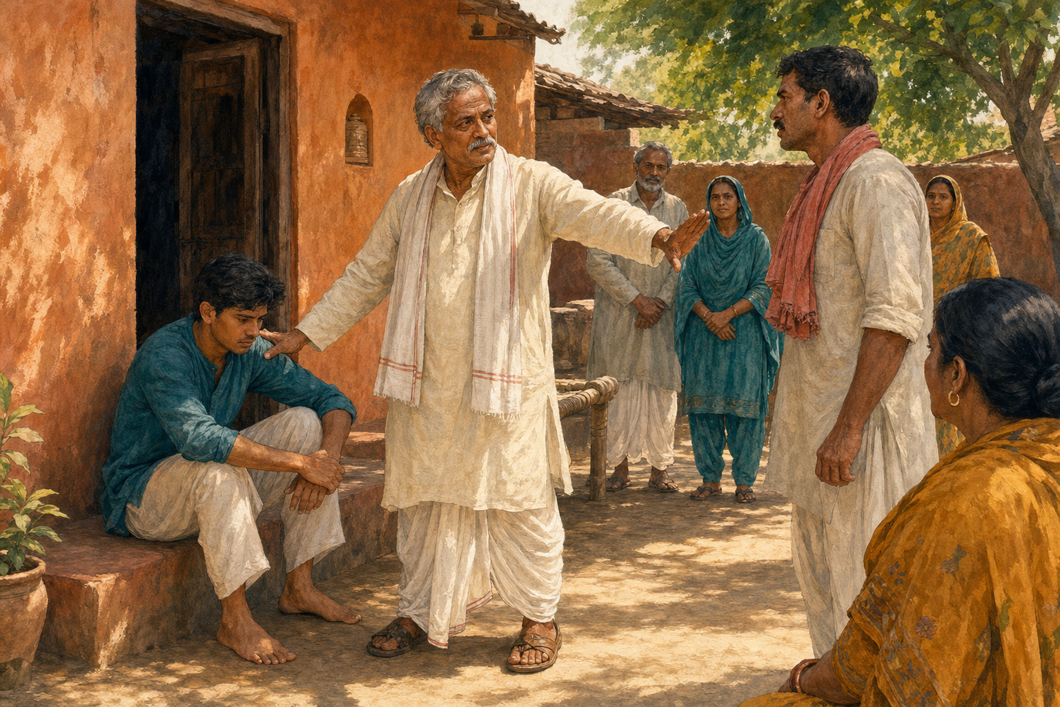 A composed elder mediates a tense courtyard dispute while reassuring one person and keeping another at a safe distance.