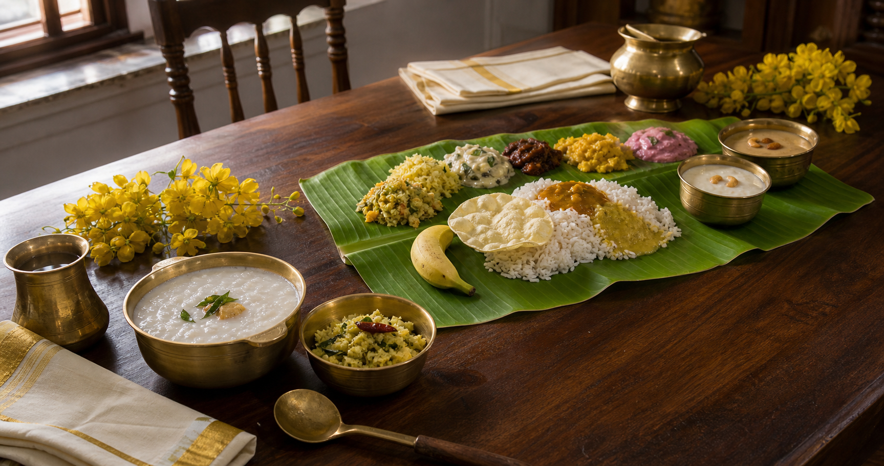 A simple bowl of Vishu kanji and a full Kerala sadya with rice, curries, sides, pappadam, banana, and payasam arranged on banana leaves.
