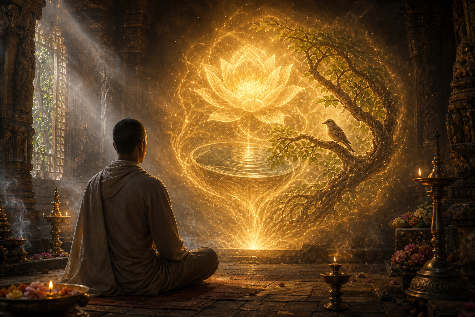 A seated devotee faces golden light containing a lotus, a still bowl of water, and a branch sheltering a bird in a temple alcove.