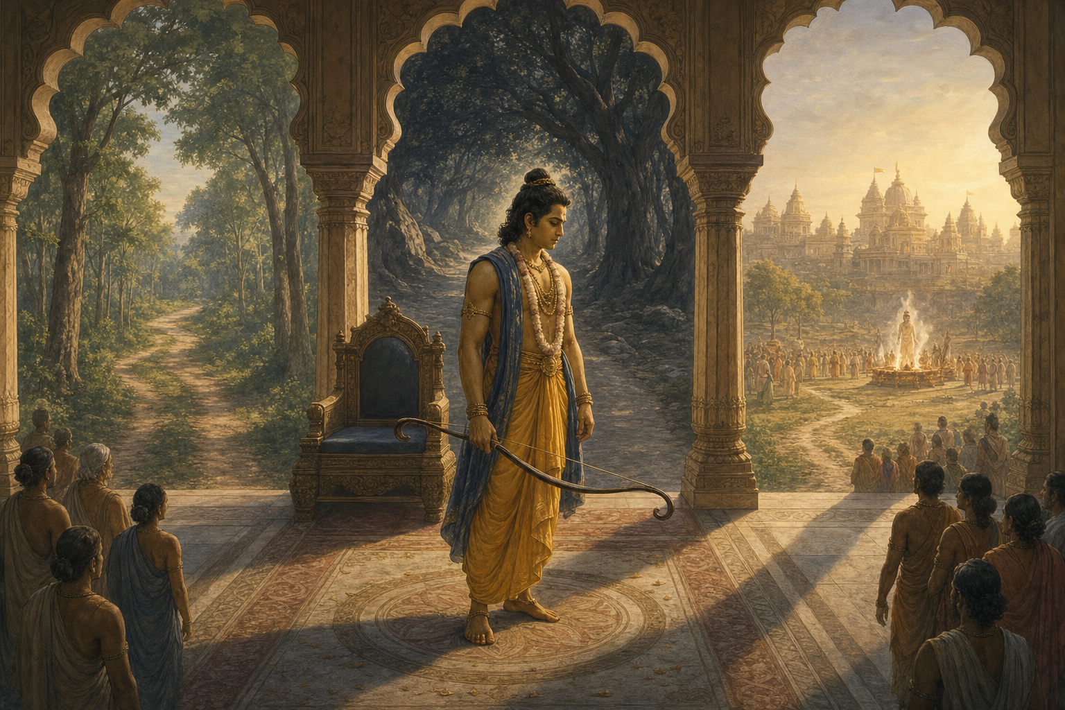 Sri Rama stands at a palace threshold between a forest road, a shadowed woodland, a distant fire, and the city of Ayodhya.