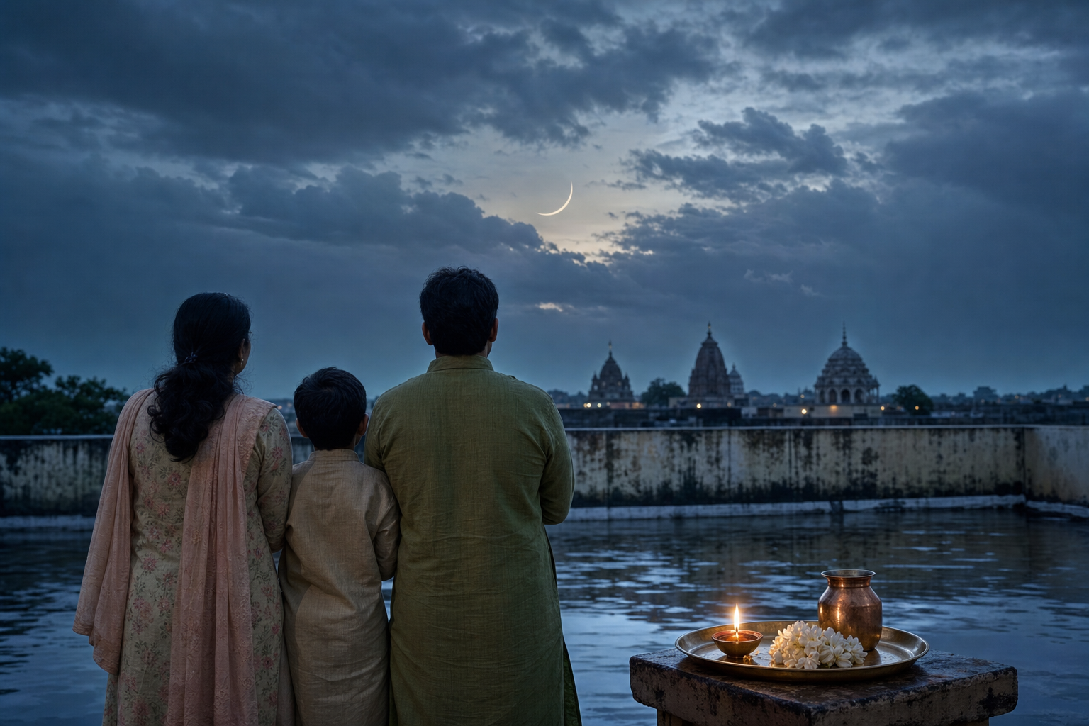 A family on a rain-wet rooftop observes a slender crescent moon beside a small devotional offering tray.