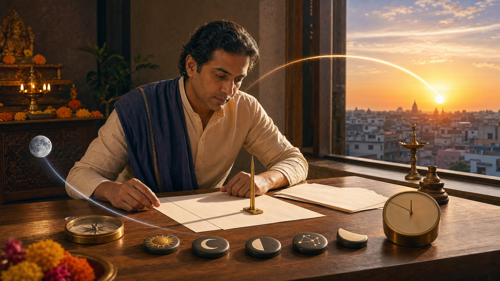 A Hindu practitioner studies celestial tokens, a compass, an unnumbered clock, and a gnomon beside a window at local sunrise.