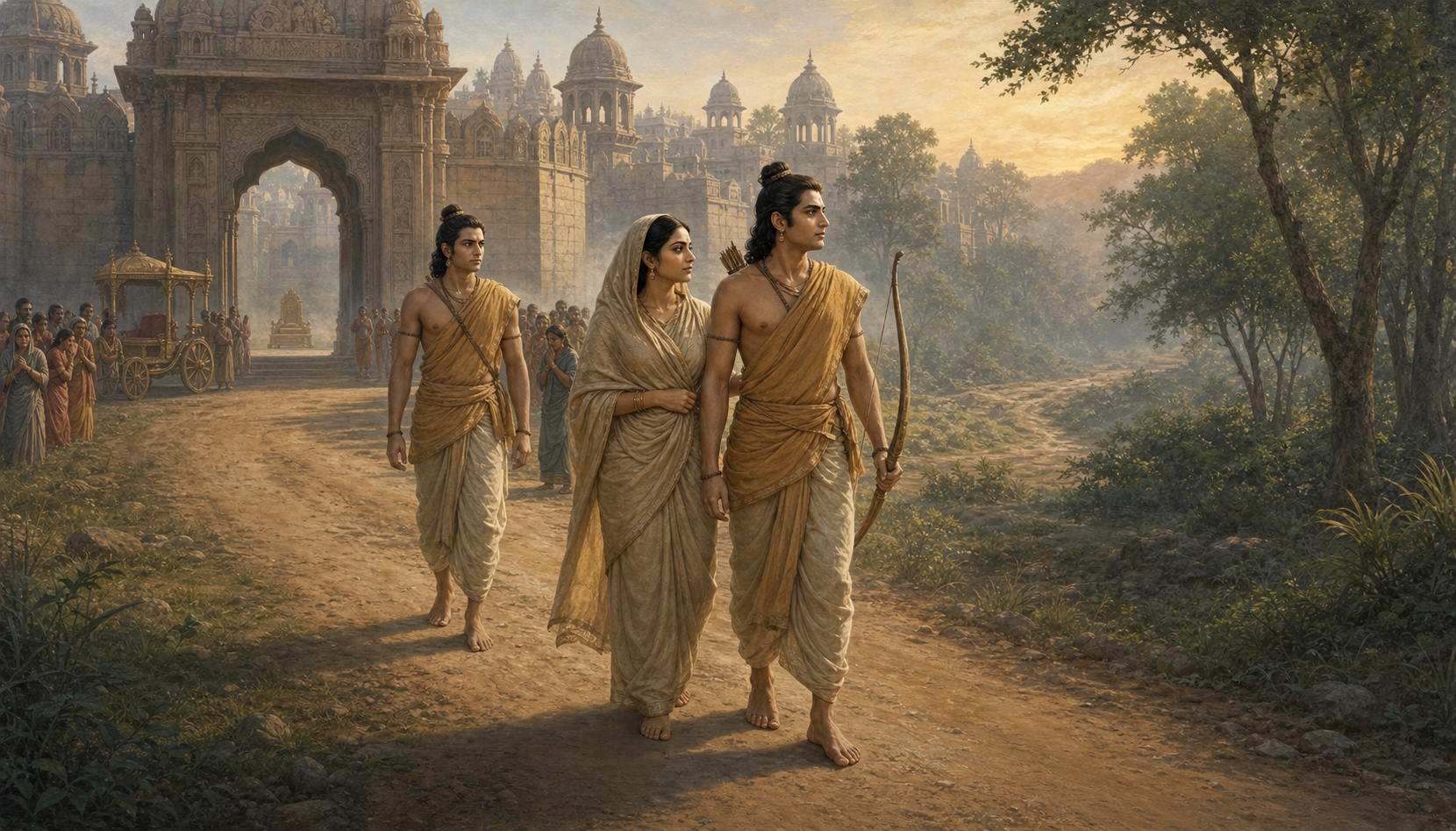 Rama, Sita, and Lakshmana leave the gates of Ayodhya on foot and walk toward a forest at dawn.