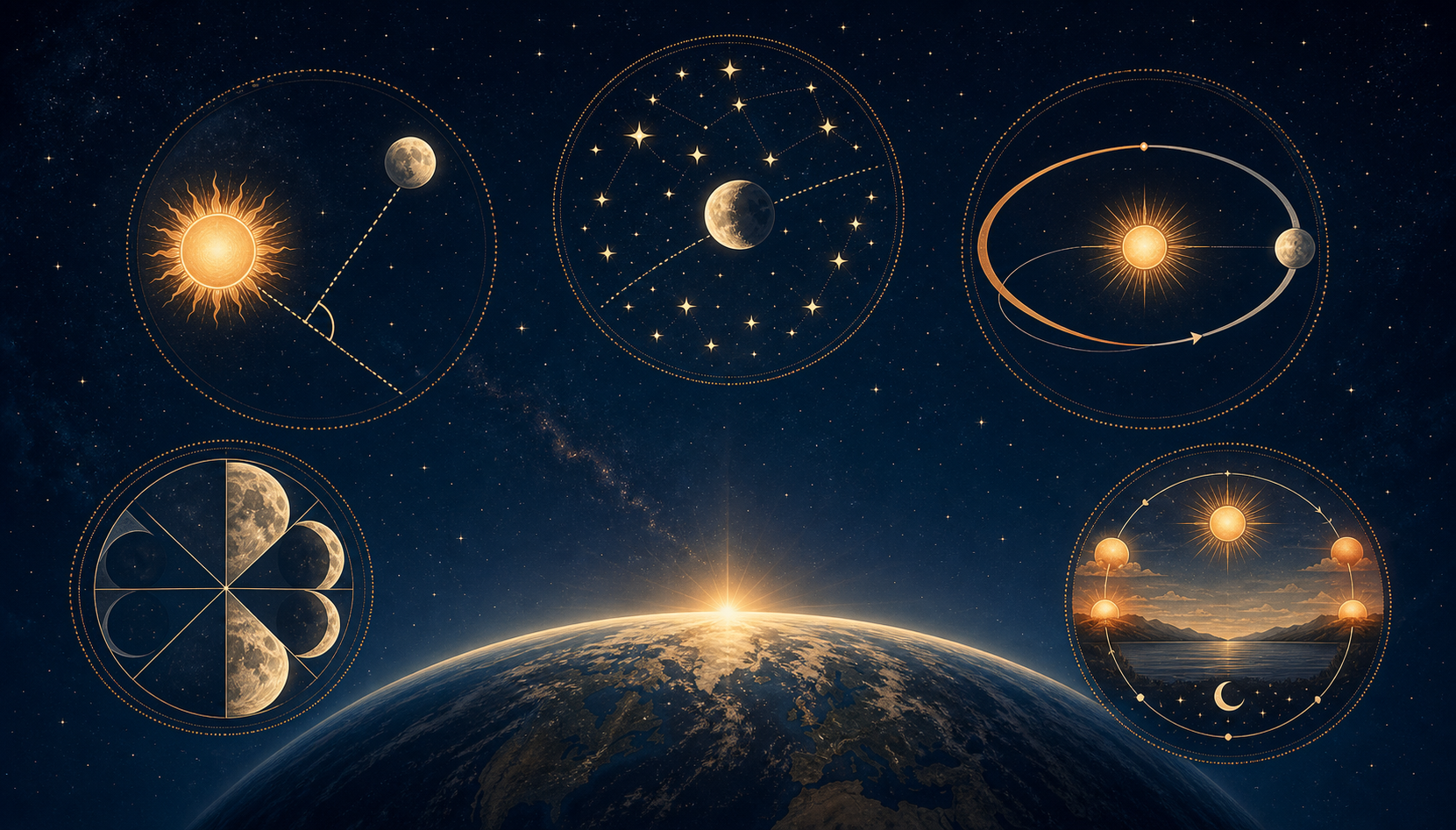 Five symbolic celestial scenes show a Sun-Moon angle, the Moon among stars, intersecting celestial arcs, a divided lunar phase, and a daily solar cycle.