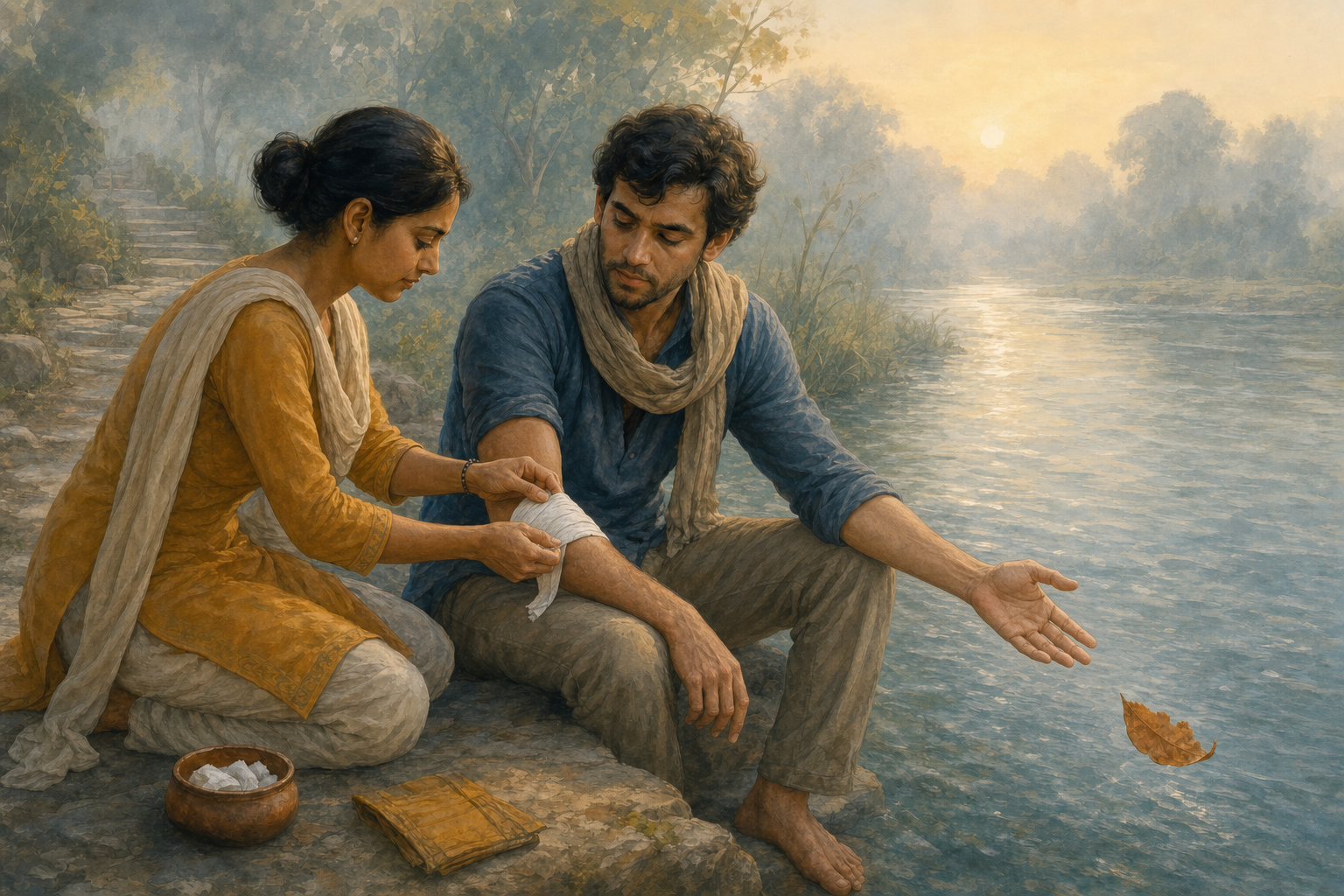 A caregiver calmly bandages an injured traveler's arm beside a flowing river as a dry leaf drifts away.