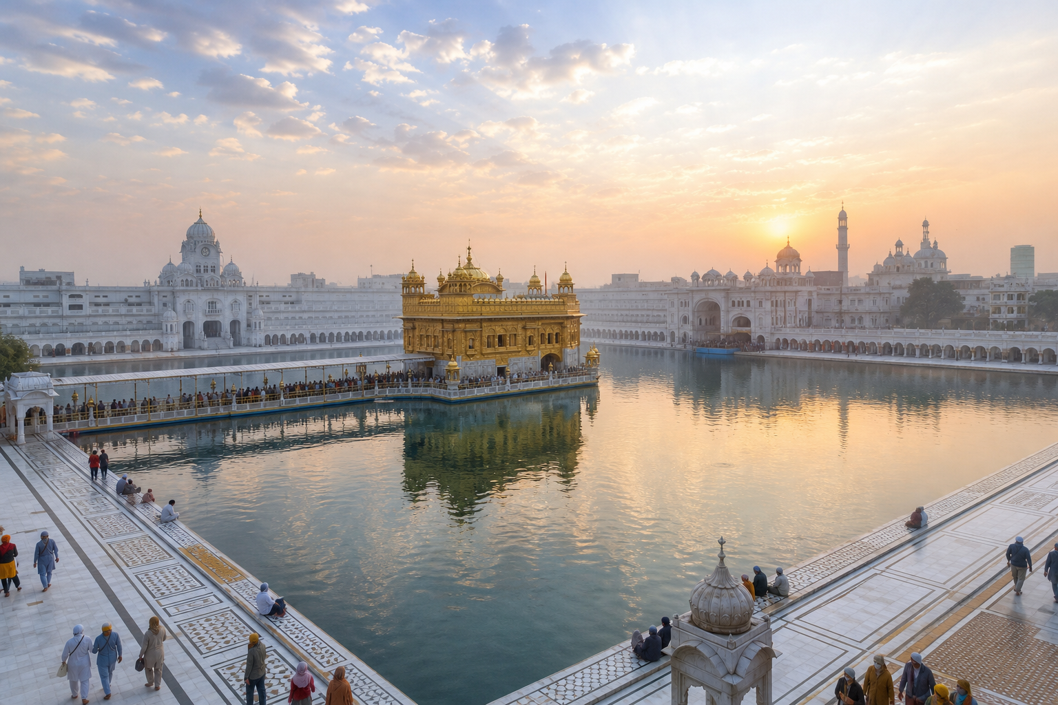 Harmandir Sahib glowing at dawn in the sarovar, with visitors walking along the marble perimeter and causeway.