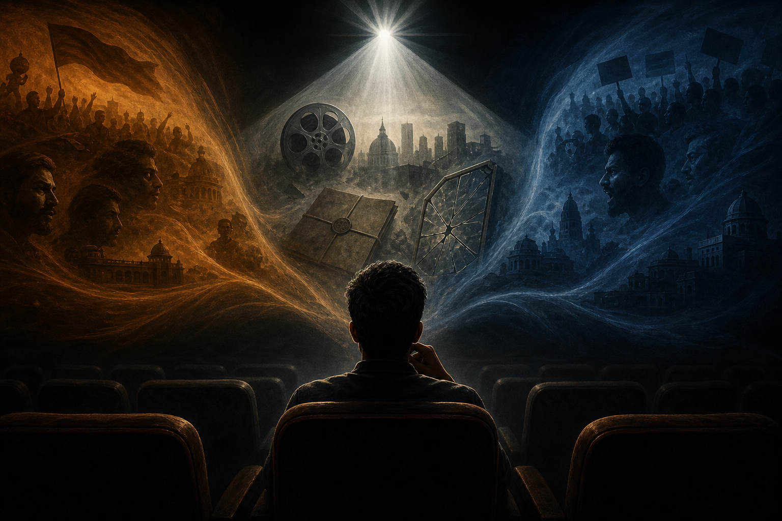 A lone cinema viewer sits in a projector beam surrounded by amber and indigo fragments of a fictional political thriller.