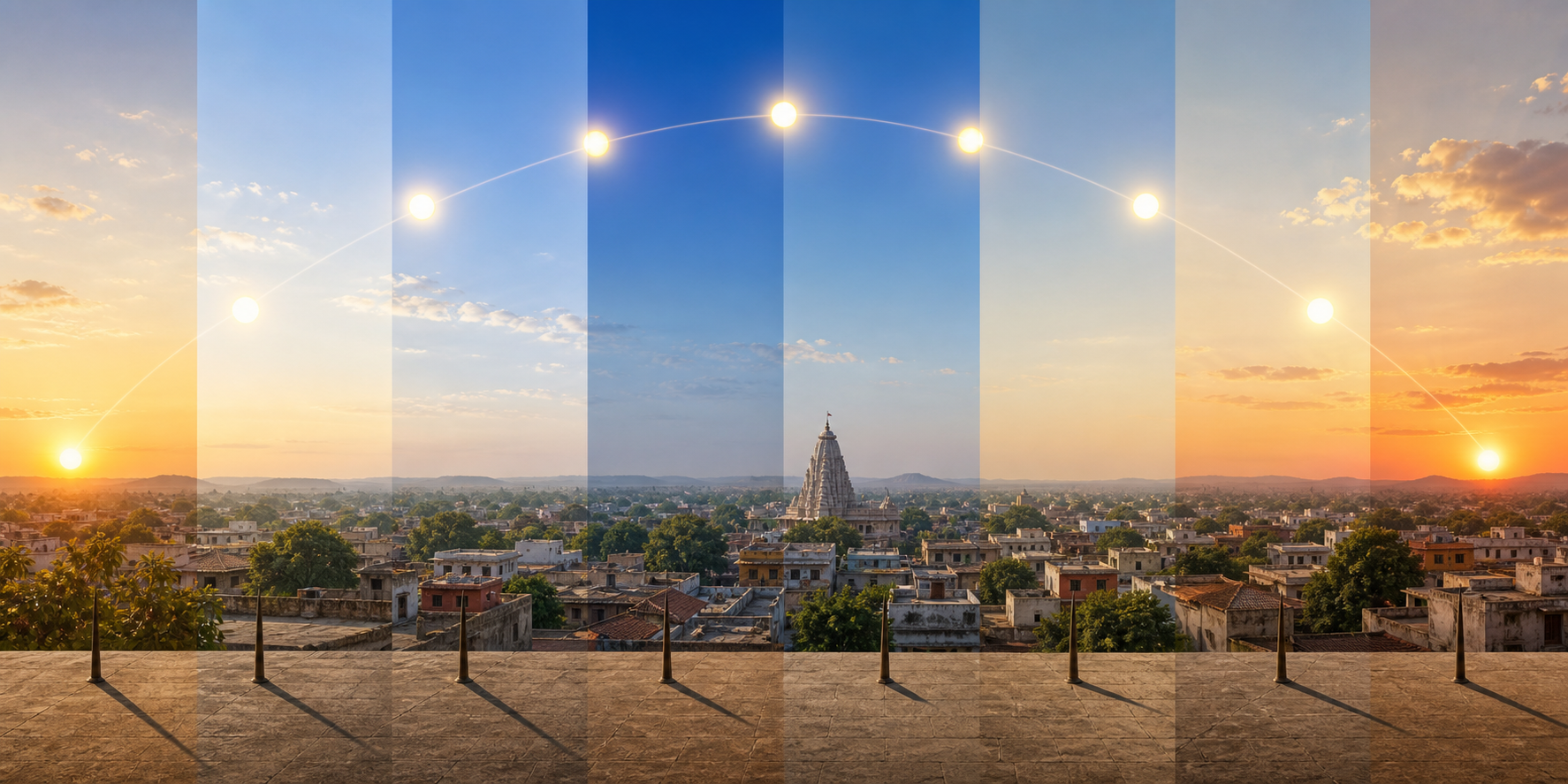 A sunrise-to-sunset panorama divides daylight over a town into eight equal visual bands while a gnomon's shadow changes length and direction.