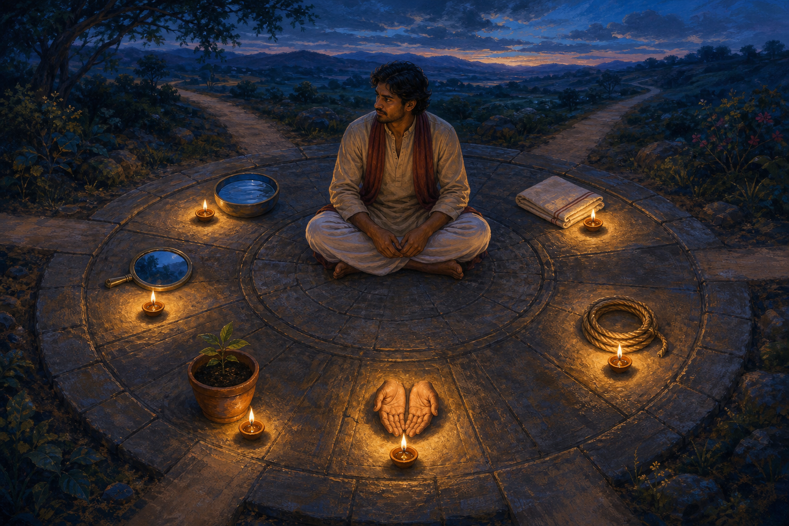 A thoughtful person sits among six oil lamps illuminating a mirror, water bowl, bandage, rope, open hands, and a seedling.