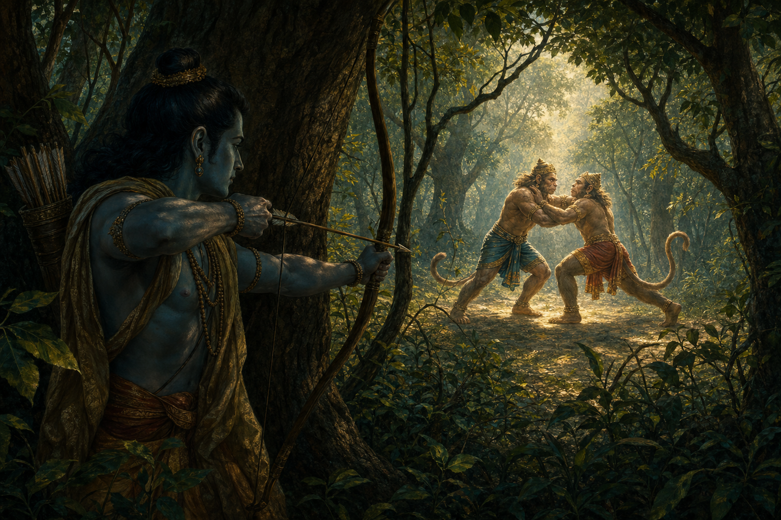 Rama draws a bow from partial concealment behind a tree while Vali and Sugriva fight in a forest clearing.