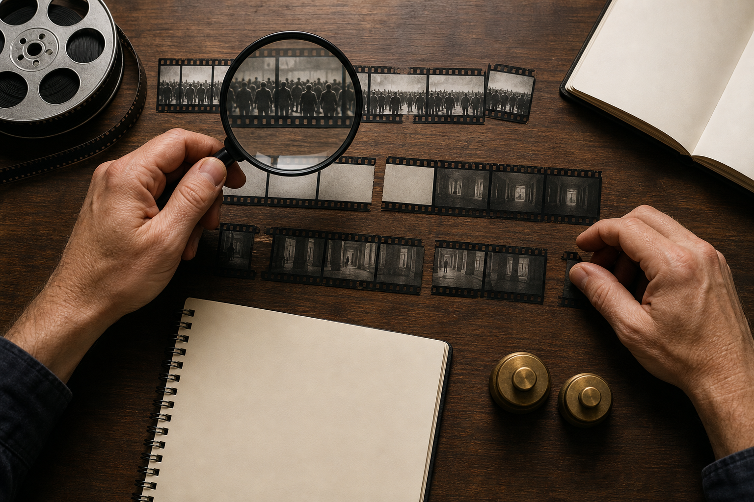 An analyst uses a magnifying lens to inspect generic film strips with visible gaps at a wooden viewing table.