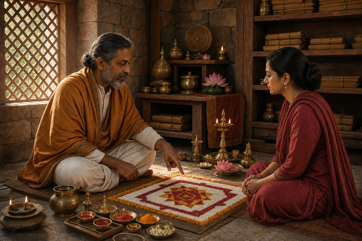 A teacher guides an adult practitioner beside a flower mandala and a carefully arranged ritual altar in a quiet study chamber.