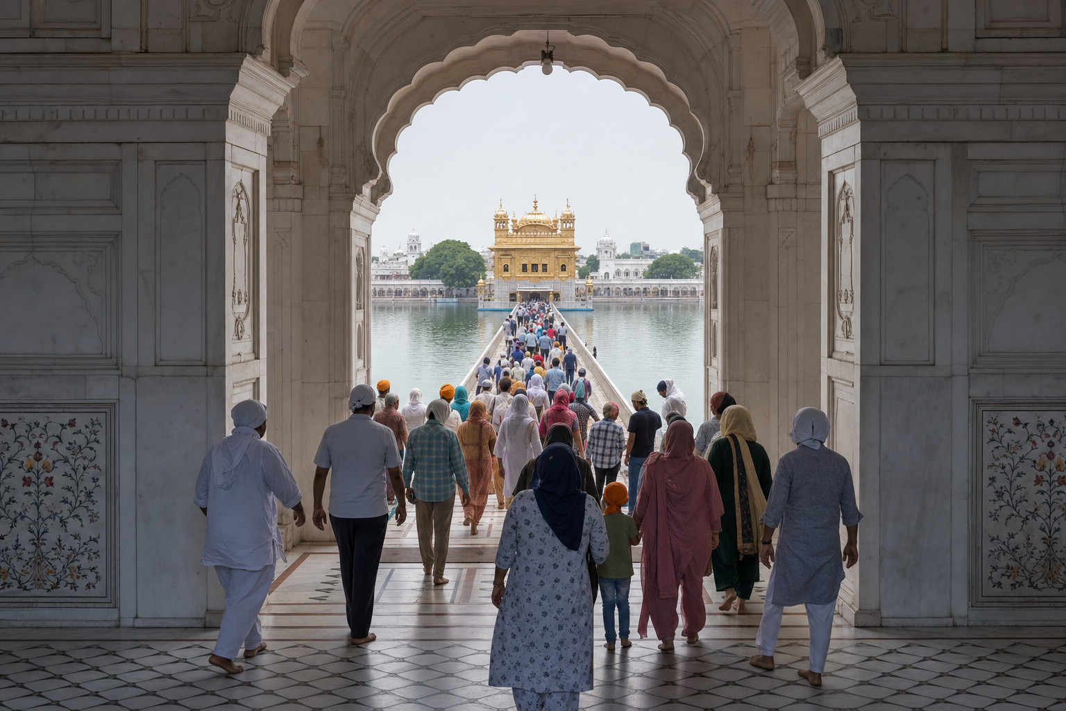 Visitors with covered heads enter through a broad marble gateway as the narrow causeway leads across the sarovar to Harmandir Sahib.