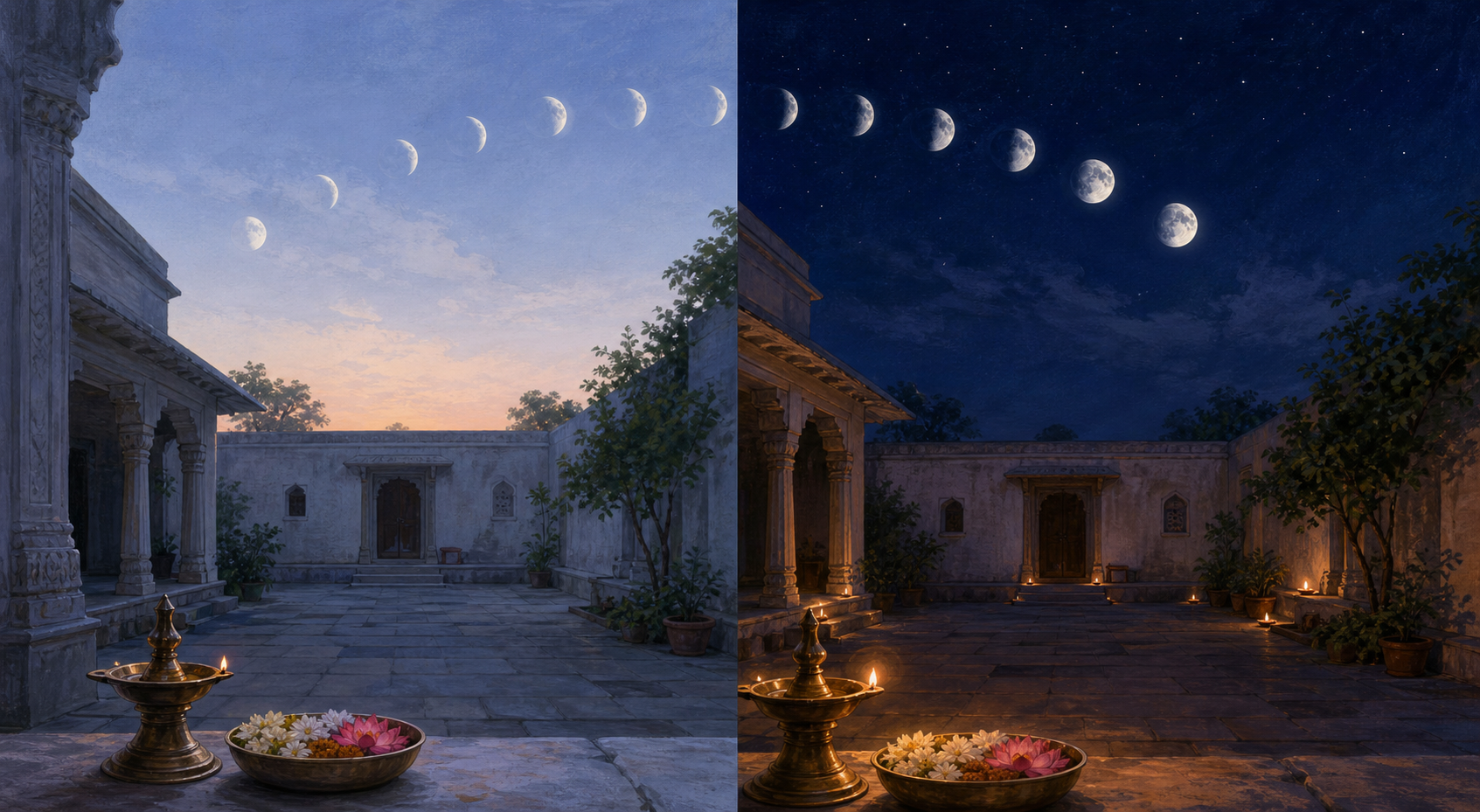 Two views of the same Indian courtyard at sunrise and in the evening show different positions and phases of the Moon beside ritual lamps and flowers.
