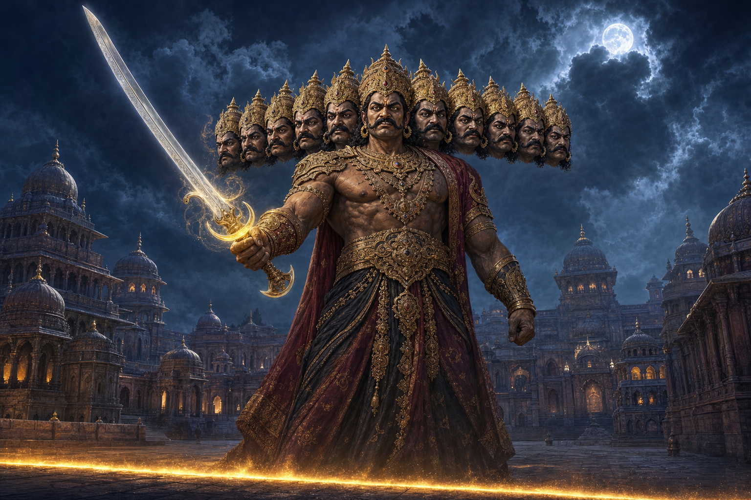 Ten-headed Ravana raises an intact celestial sword as its silver-gold glow recedes toward the hilt in a stormy palace courtyard.