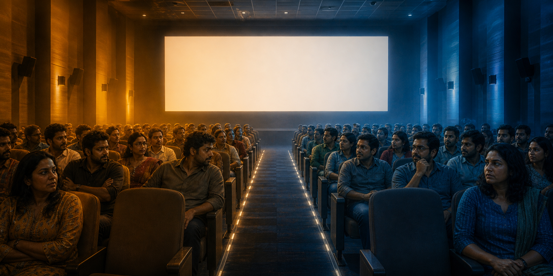 Two groups of cinema viewers sit on opposite sides of a central aisle under contrasting warm and cool light.