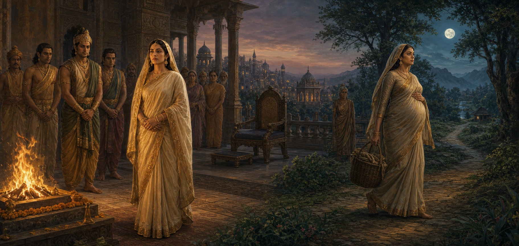 Sita stands before a ceremonial fire in one part of the scene and travels from Ayodhya toward a forest hermitage in the other.
