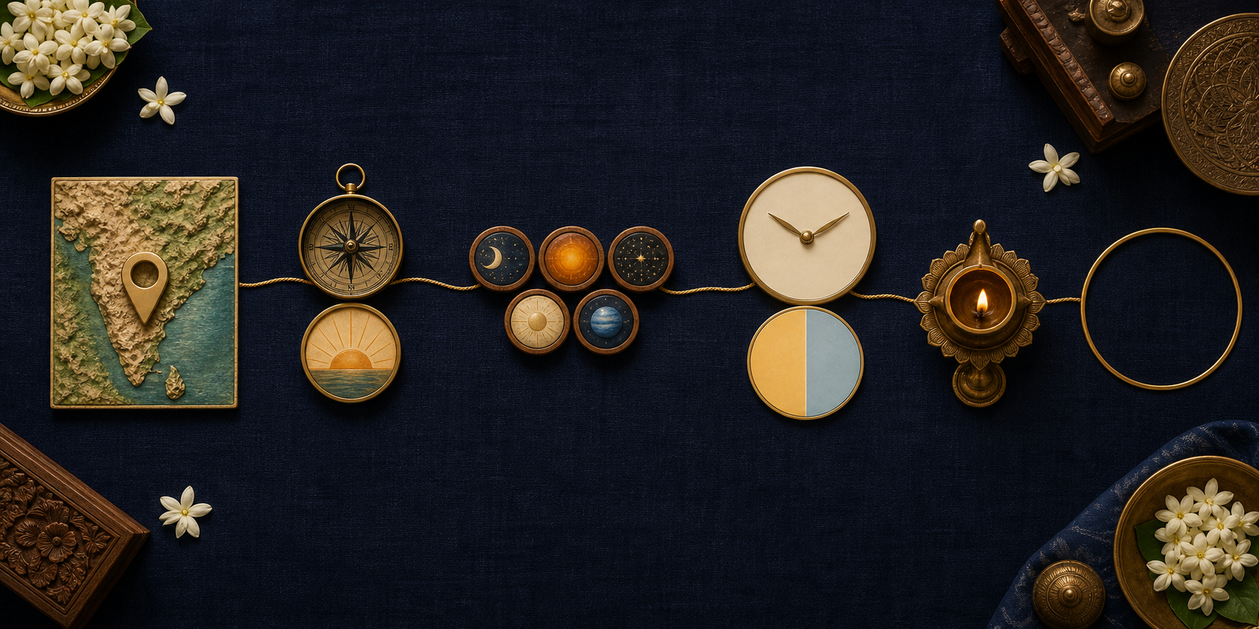 An ordered still life links a location marker, compass, celestial tokens, daylight disk, clock, oil lamp, and final circular frame with a golden cord.