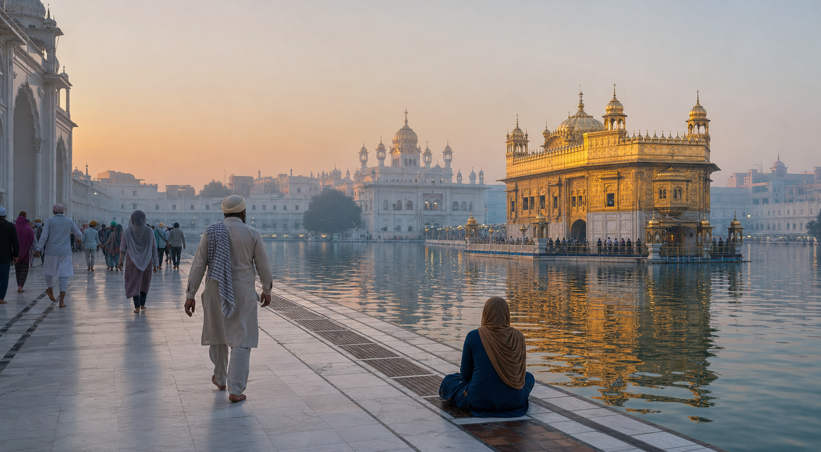 People walk and sit attentively beside the sarovar while Harmandir Sahib and a small kirtan gathering appear across the water.