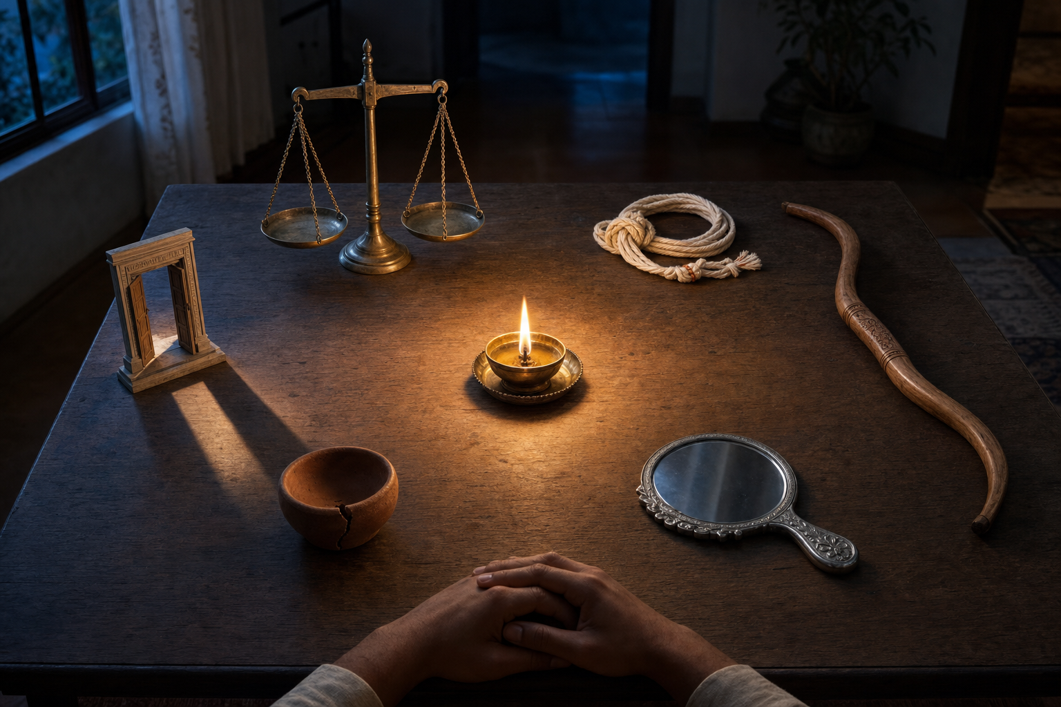 Six symbolic objects surround an oil lamp on a wooden table as a reader's hands rest nearby in contemplation.