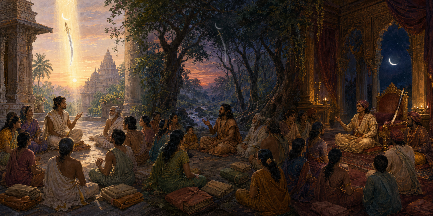Storytellers address audiences in a temple courtyard, a forest gathering, and a royal hall while different visions of a glowing celestial sword appear above them.