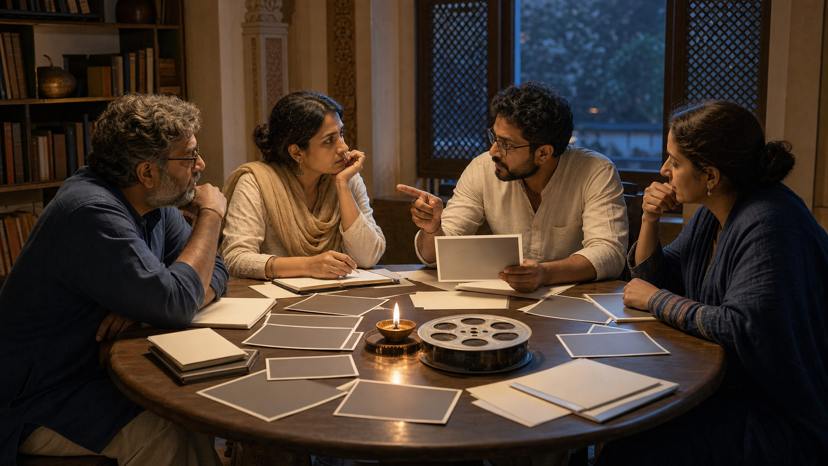 Four people discuss generic film stills around a circular library table with a small oil lamp at the center.
