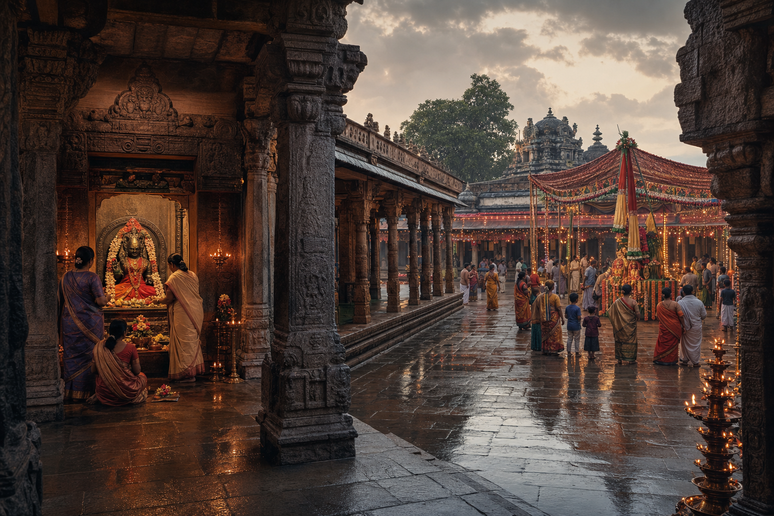 A quiet Varahi shrine in a pillared corridor beside a larger temple courtyard prepared for a seasonal Devi celebration.