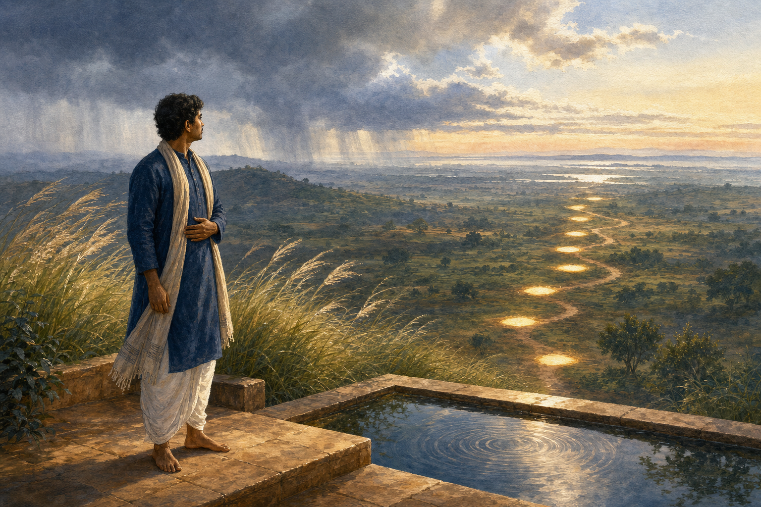 A person stands calmly on a stone terrace at dawn beside a reflecting pool, facing a winding path illuminated by seven patches of sunlight.