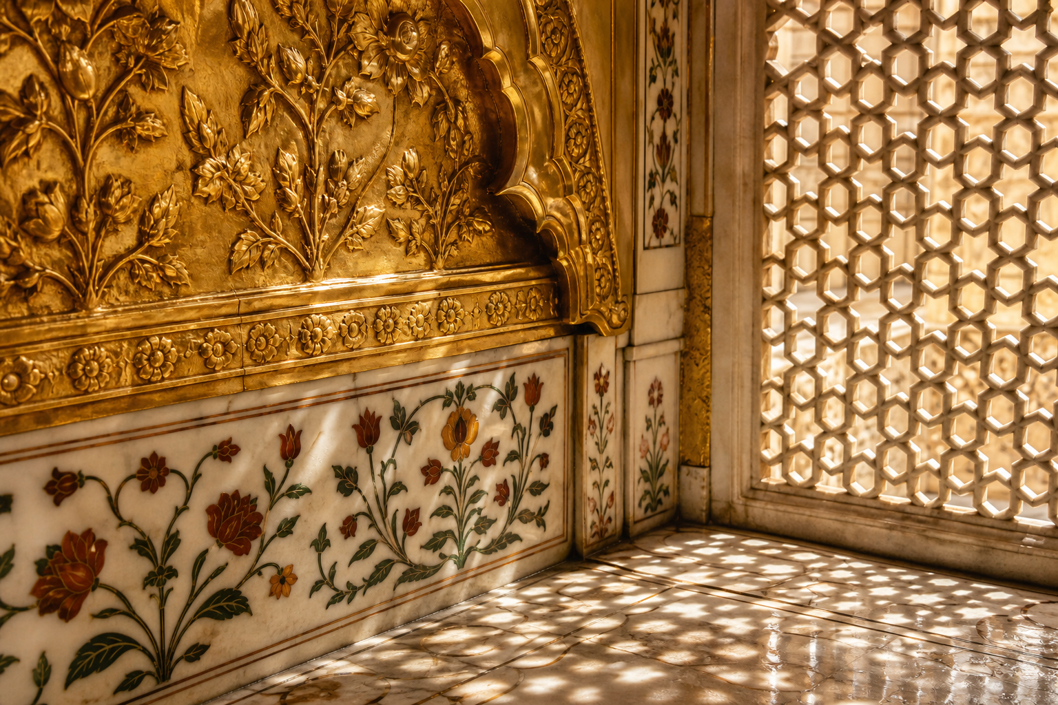 Close view of gilded floral relief, colored stone inlay in white marble, and a patterned screen casting geometric shadows.