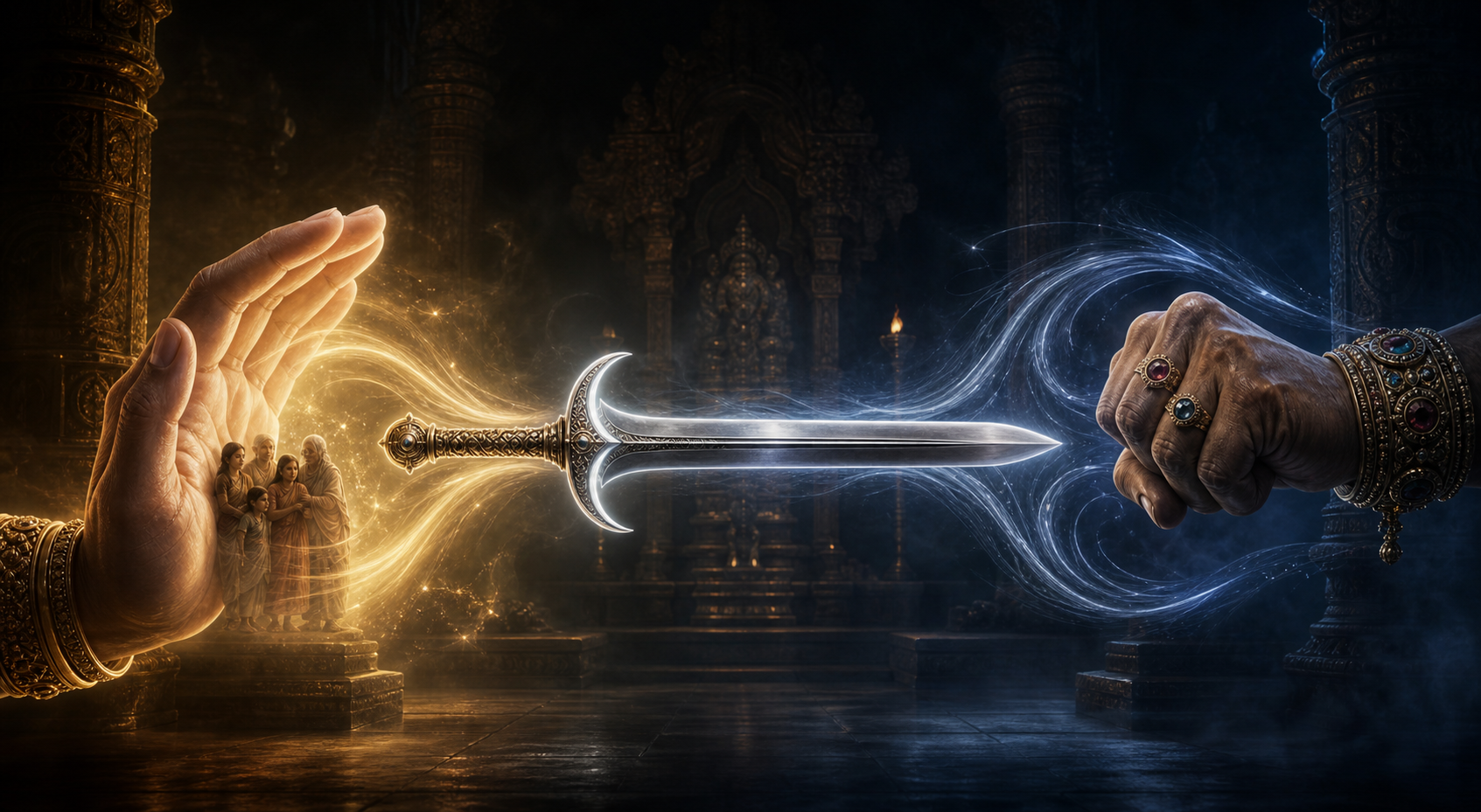 An intact floating sword sends warm light toward an open protective hand while its radiance withdraws from a jeweled clenched fist.