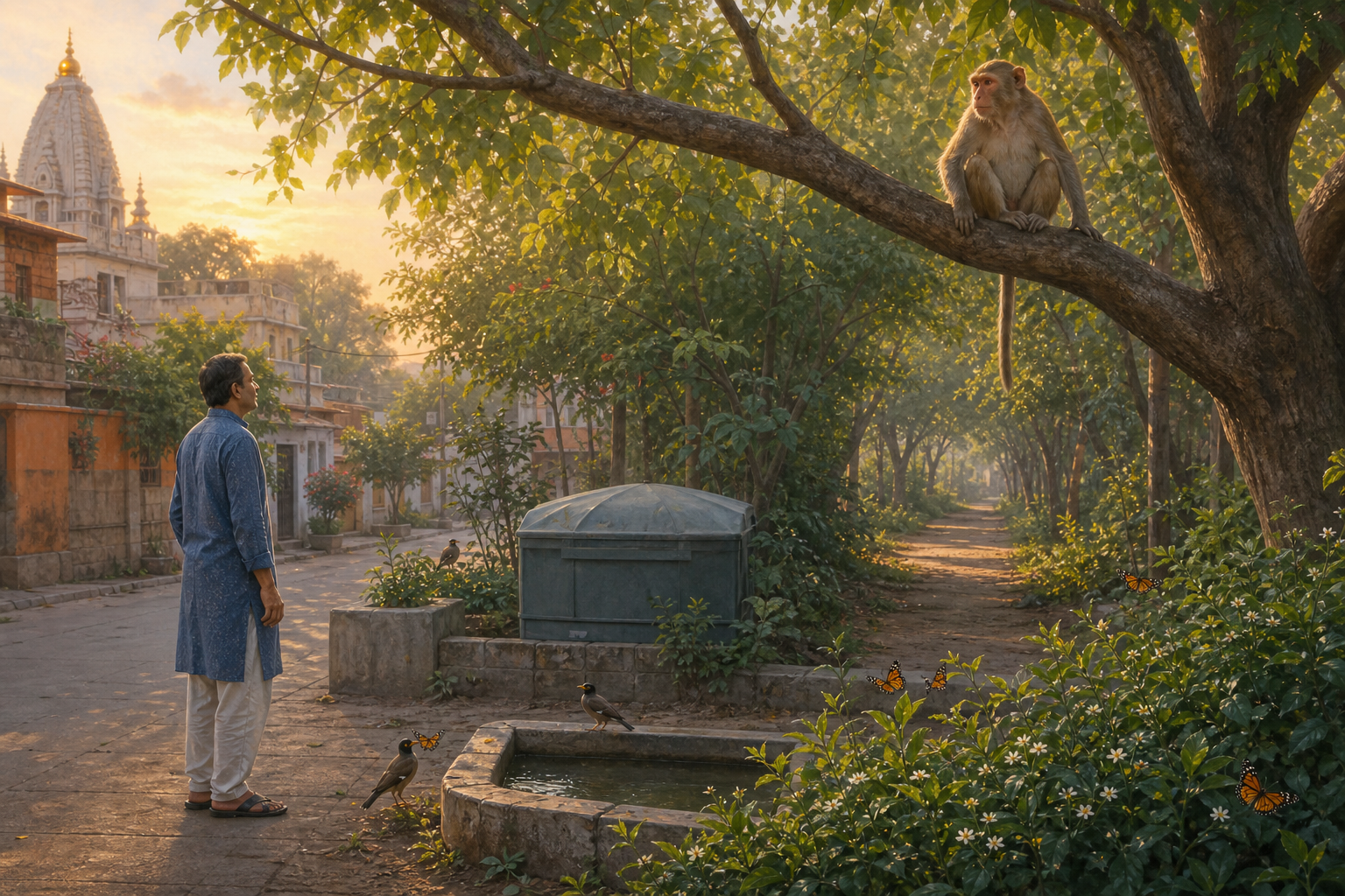 A person observes a macaque from a respectful distance beside native plants, a covered bin, a shallow water basin, birds, and a path into a grove.