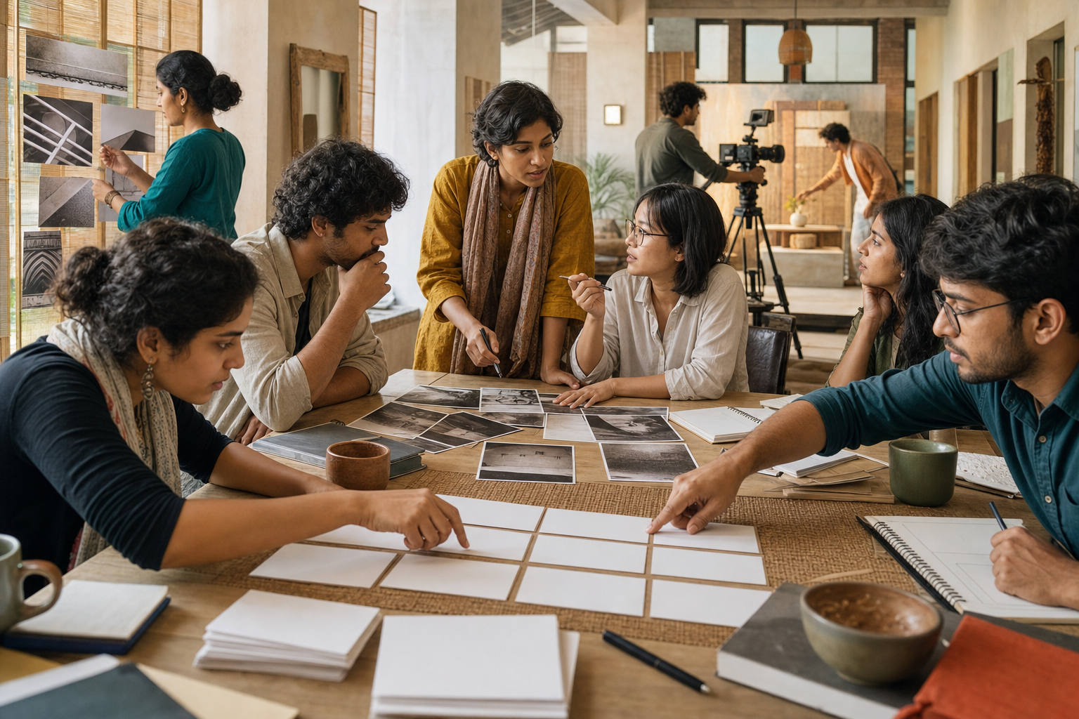 Filmmakers, historians, and community members collaborate with blank storyboards, archival images, and a camera in an arts workshop.